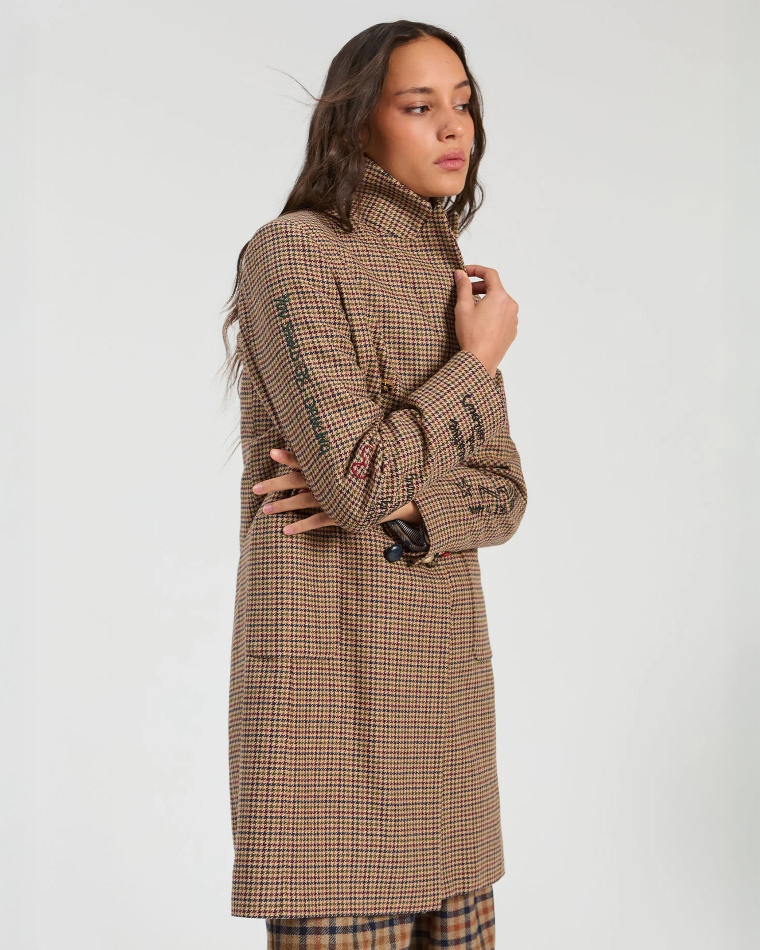 Tweed Mid Graphic Embroidered Coat - Brown Check
