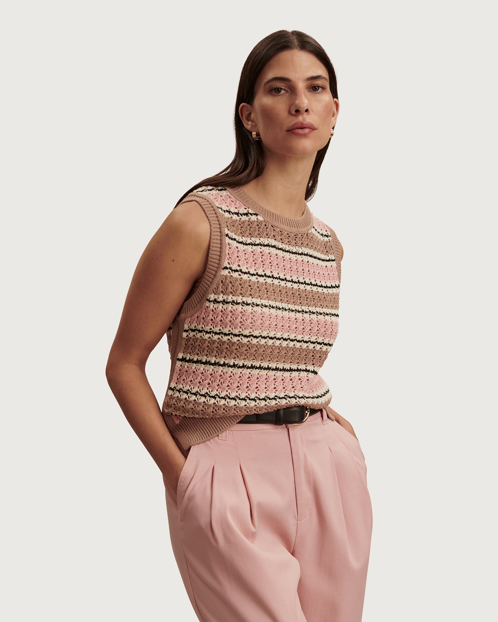 Deeley Stripe Stitch Tank - Warm Taupe / Mellow Rose