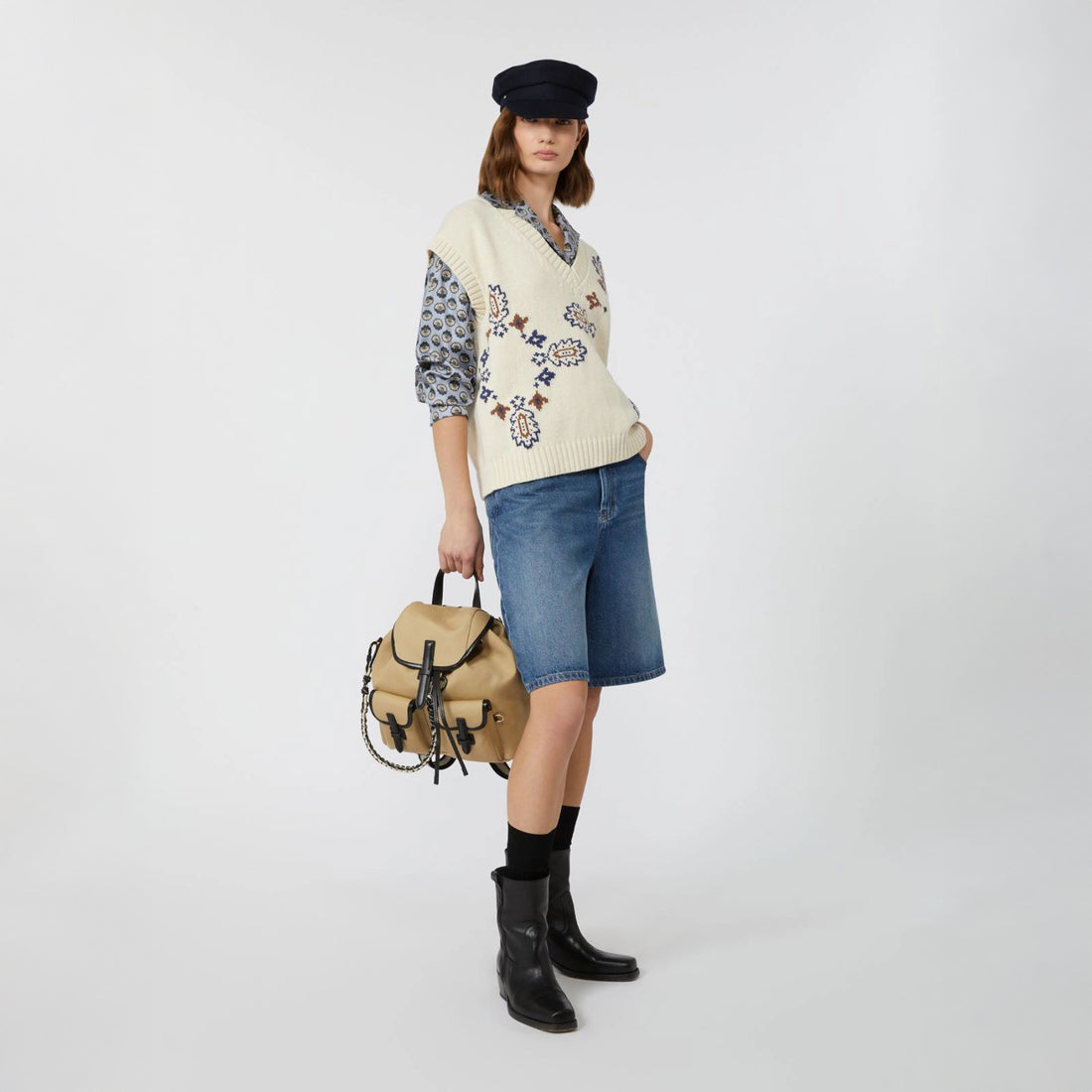 Crusca Knitted Intarsia Vest - Ivory