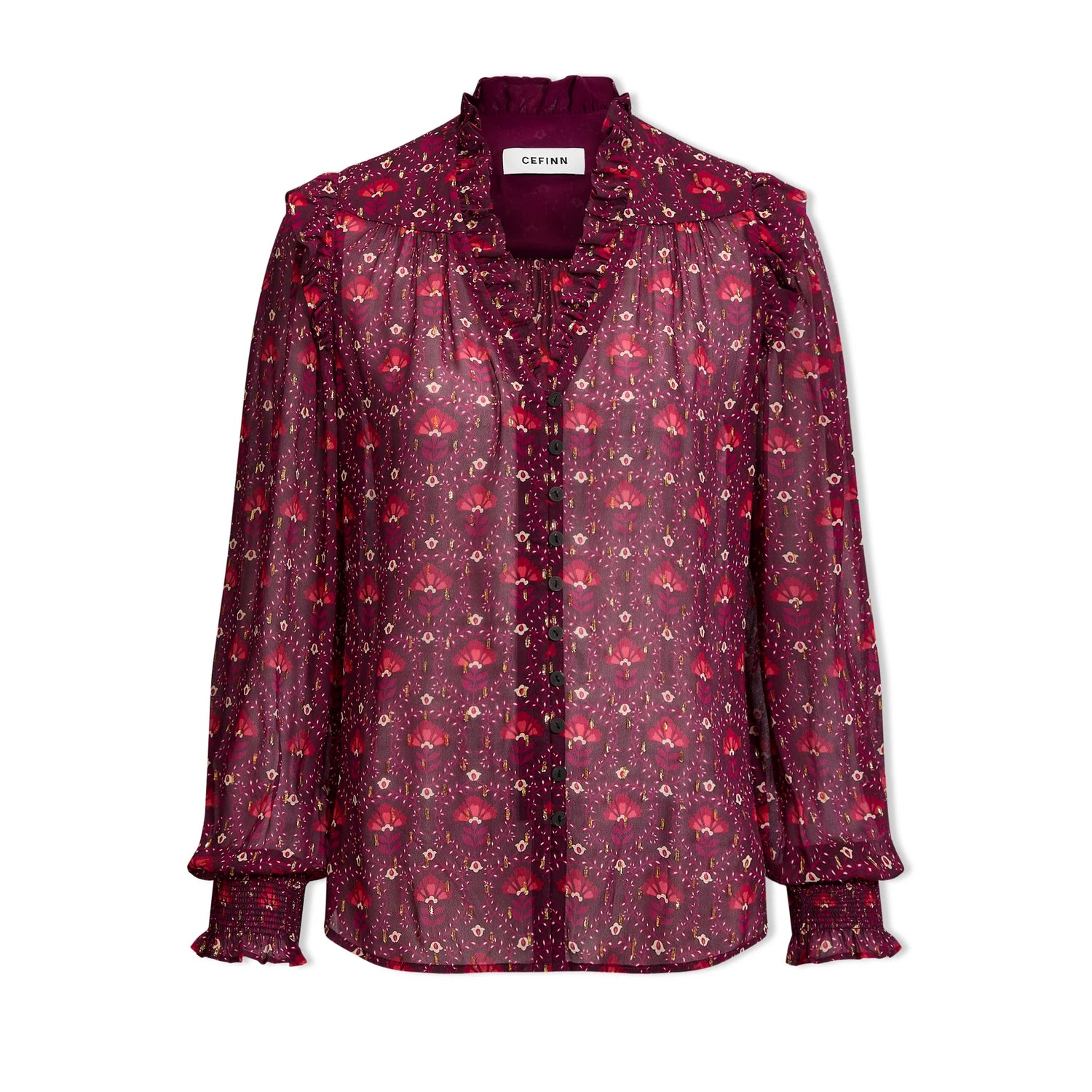 Stella V-Neck Long Sleeve Blouse - Rust/Burgundy Carnation Print
