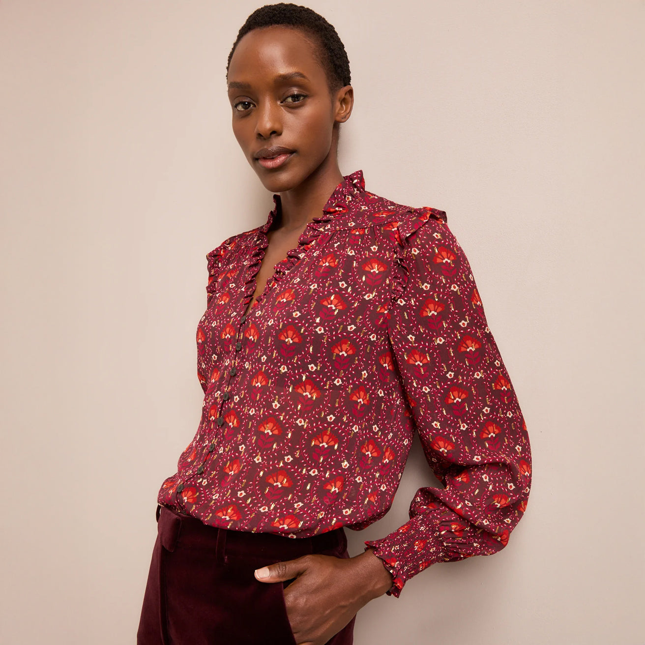 Stella V-Neck Long Sleeve Blouse - Rust/Burgundy Carnation Print