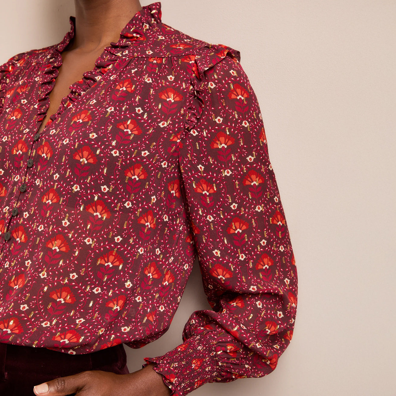 Stella V-Neck Long Sleeve Blouse - Rust/Burgundy Carnation Print