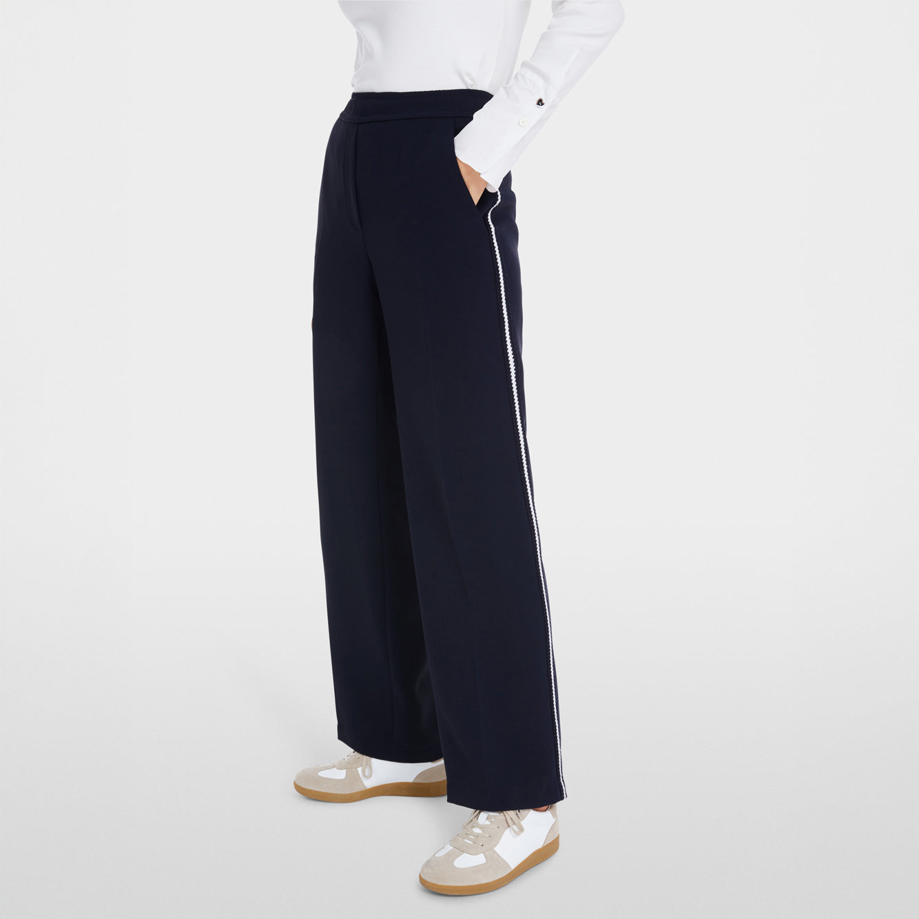 Wide Leg Braid Trim Trousers - Navy