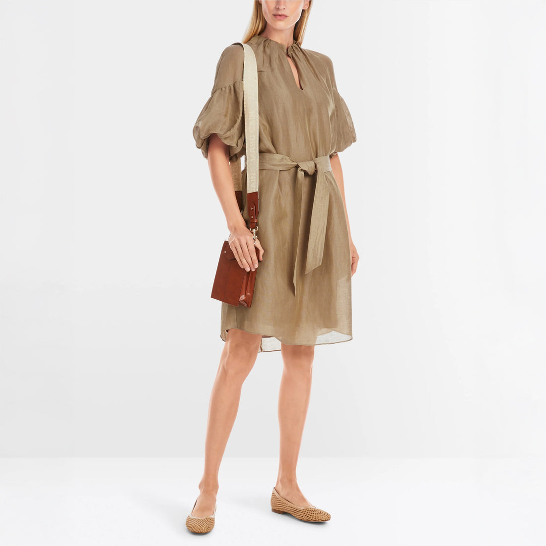 Pleated Puff Sleeve Dress - Cappuccino