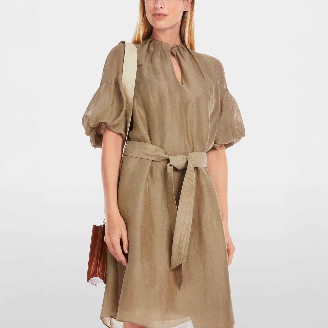 Pleated Puff Sleeve Dress - Cappuccino