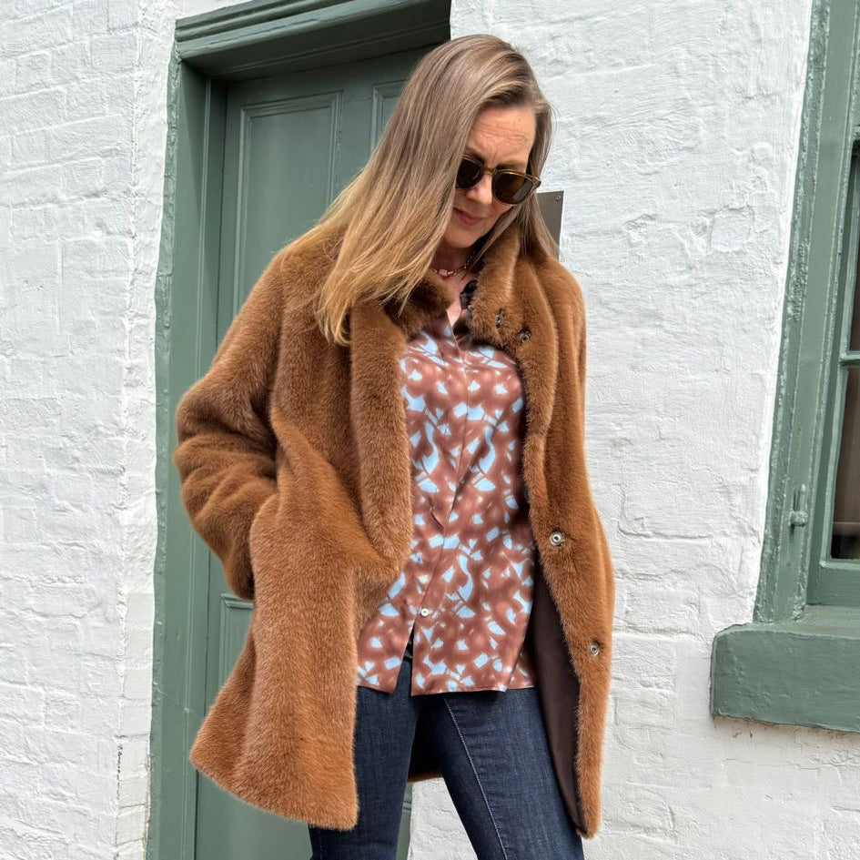 Printed Collared Silk Shirt - Light Blue/Brown