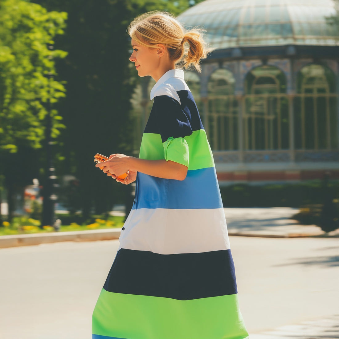 Lea Block Stripe Shirt Dress - Navy Green Blue Stripe