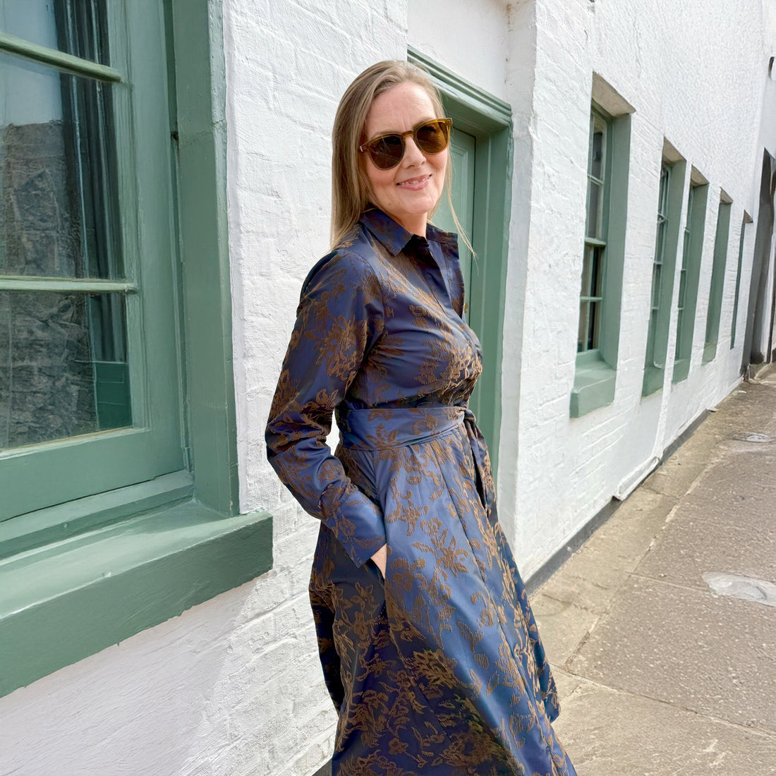 Flock Print Shirt Dress - Navy