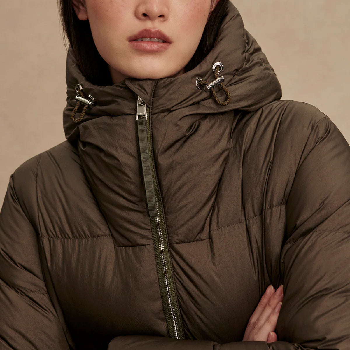 Katya Long Down Puffer - Dark Olive Metallic
