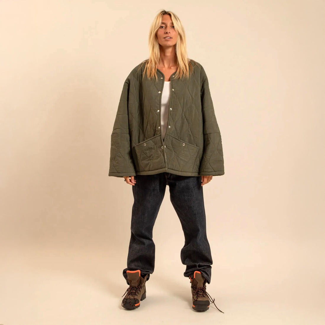 Indianapolis Fleece Lined Collarless Quilt Jacket - Khaki