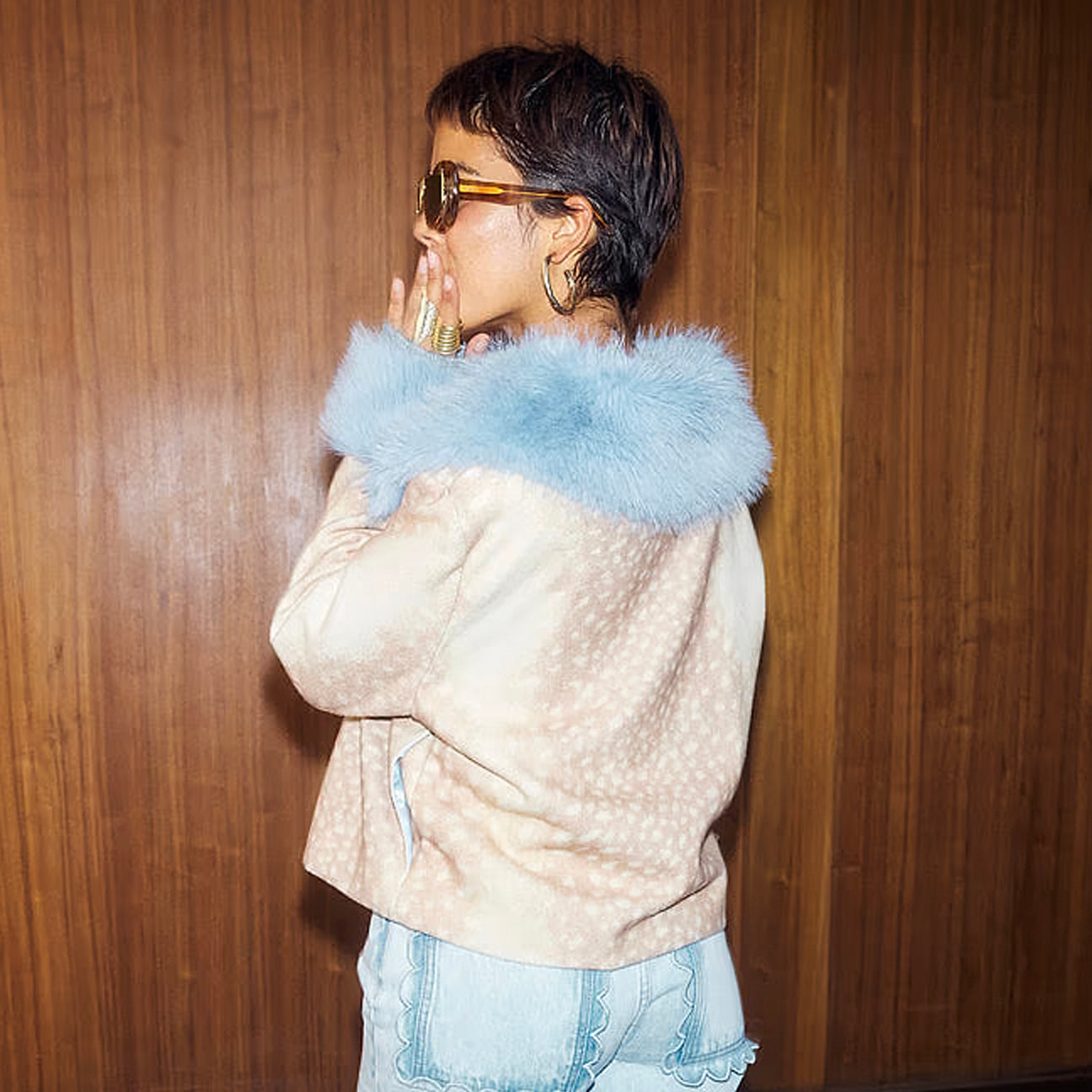 Deer Print Jacket With Blue Fur Trims - Beige