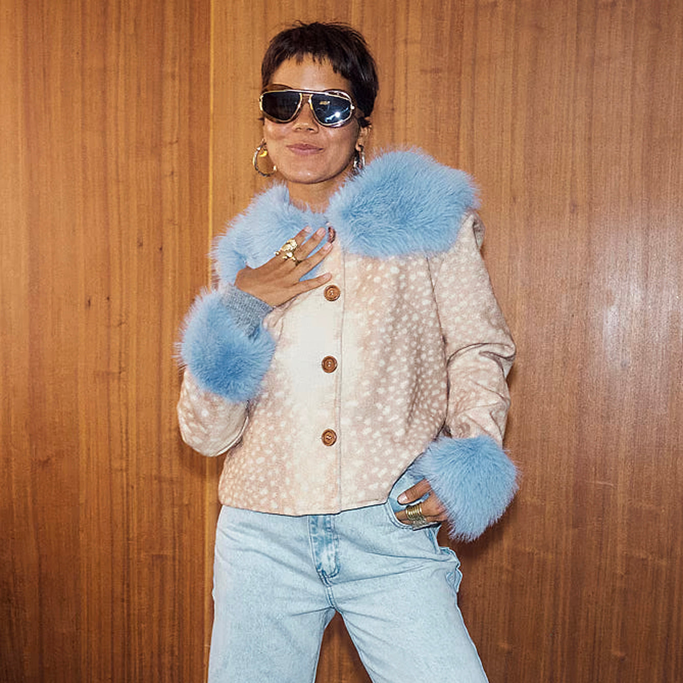 Deer Print Jacket With Blue Fur Trims - Beige