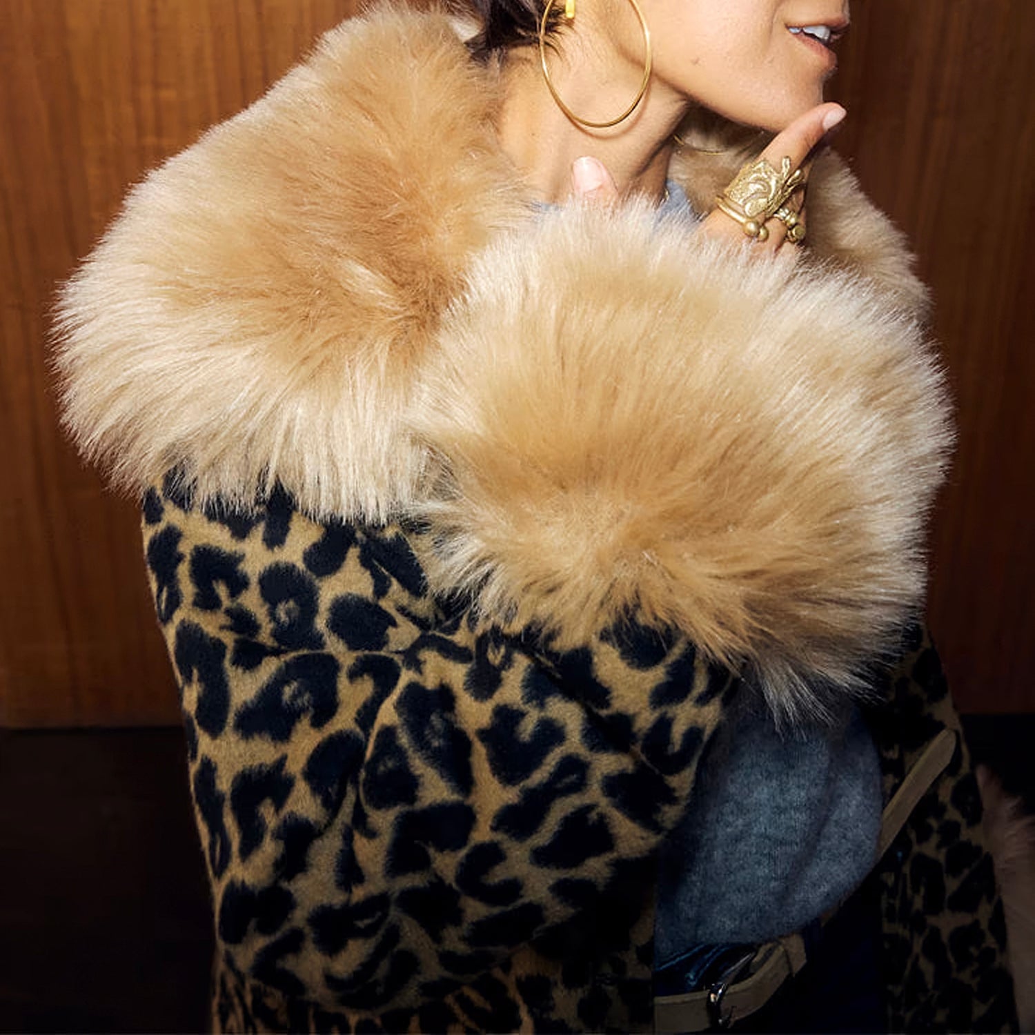 Leopard Coat With Fur Trims - Brown