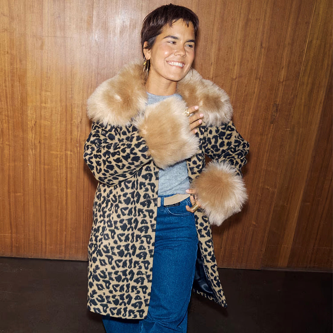 Leopard Coat With Fur Trims - Brown