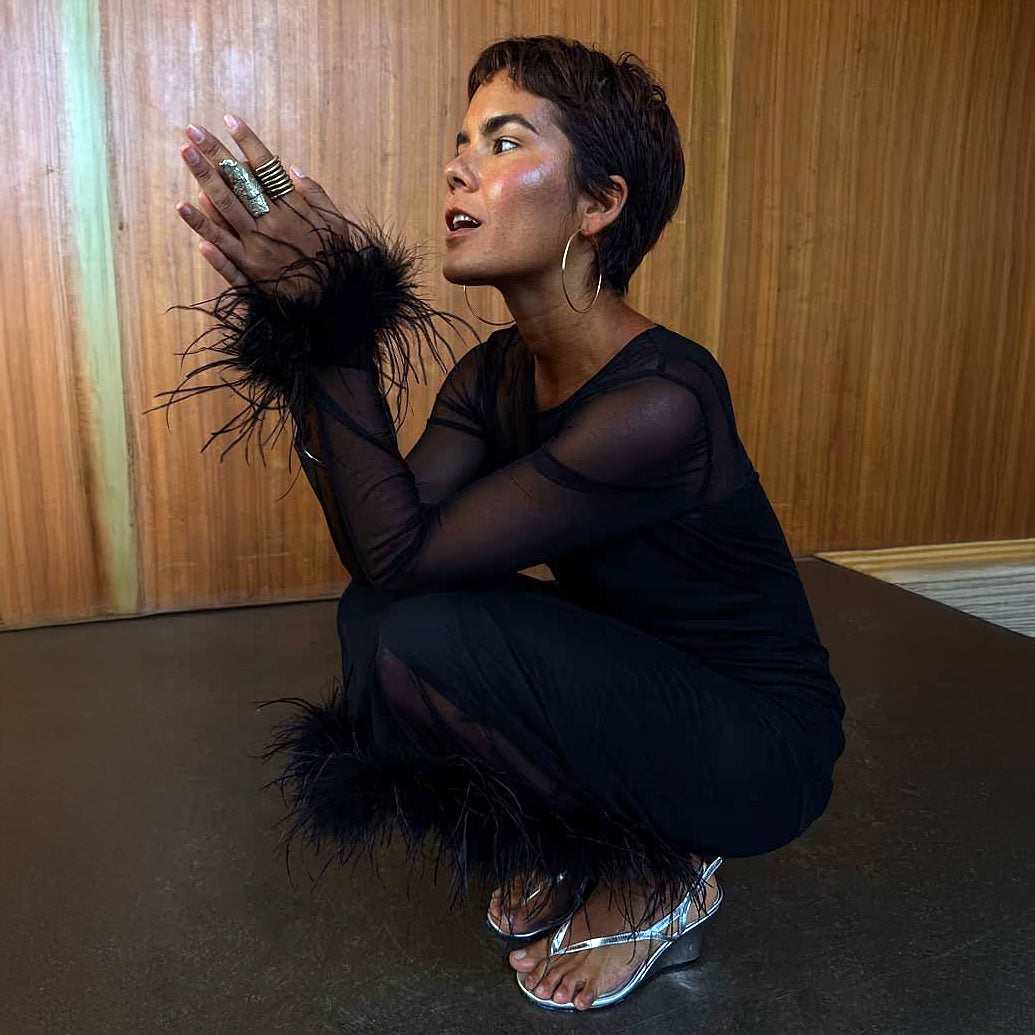 Black Mesh Feather Trim Dress - Black