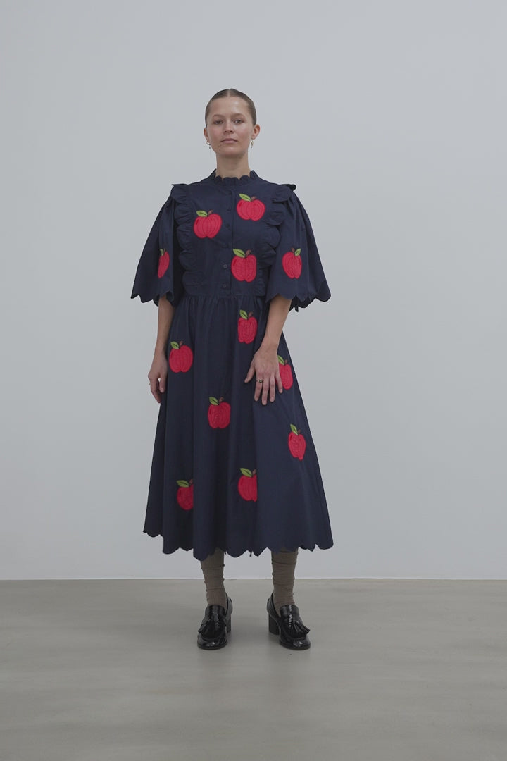Embroidered Cotton Midi Dress - Navy