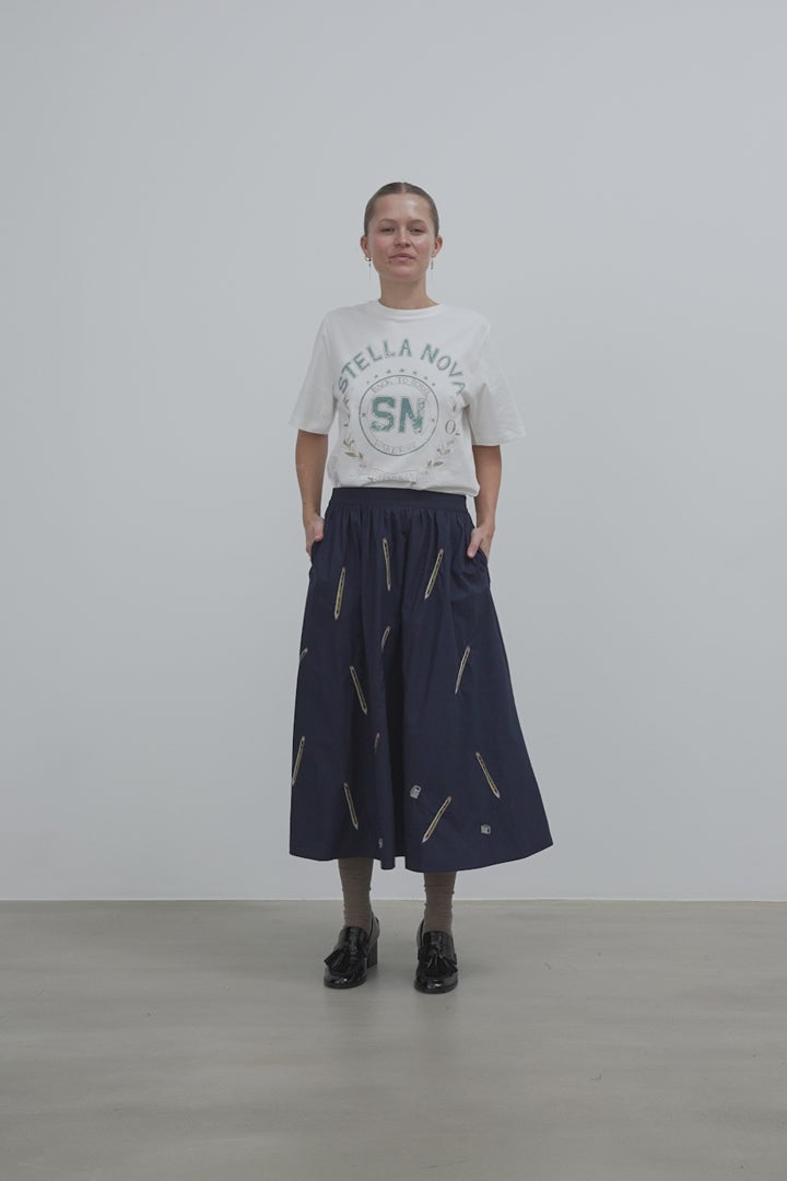 Embroidered Cotton Midi Skirt - Navy