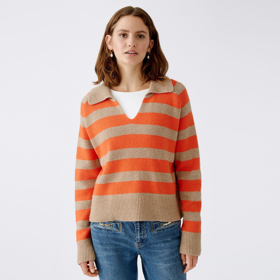 Collared Stripe Jumper - Light Stone Red