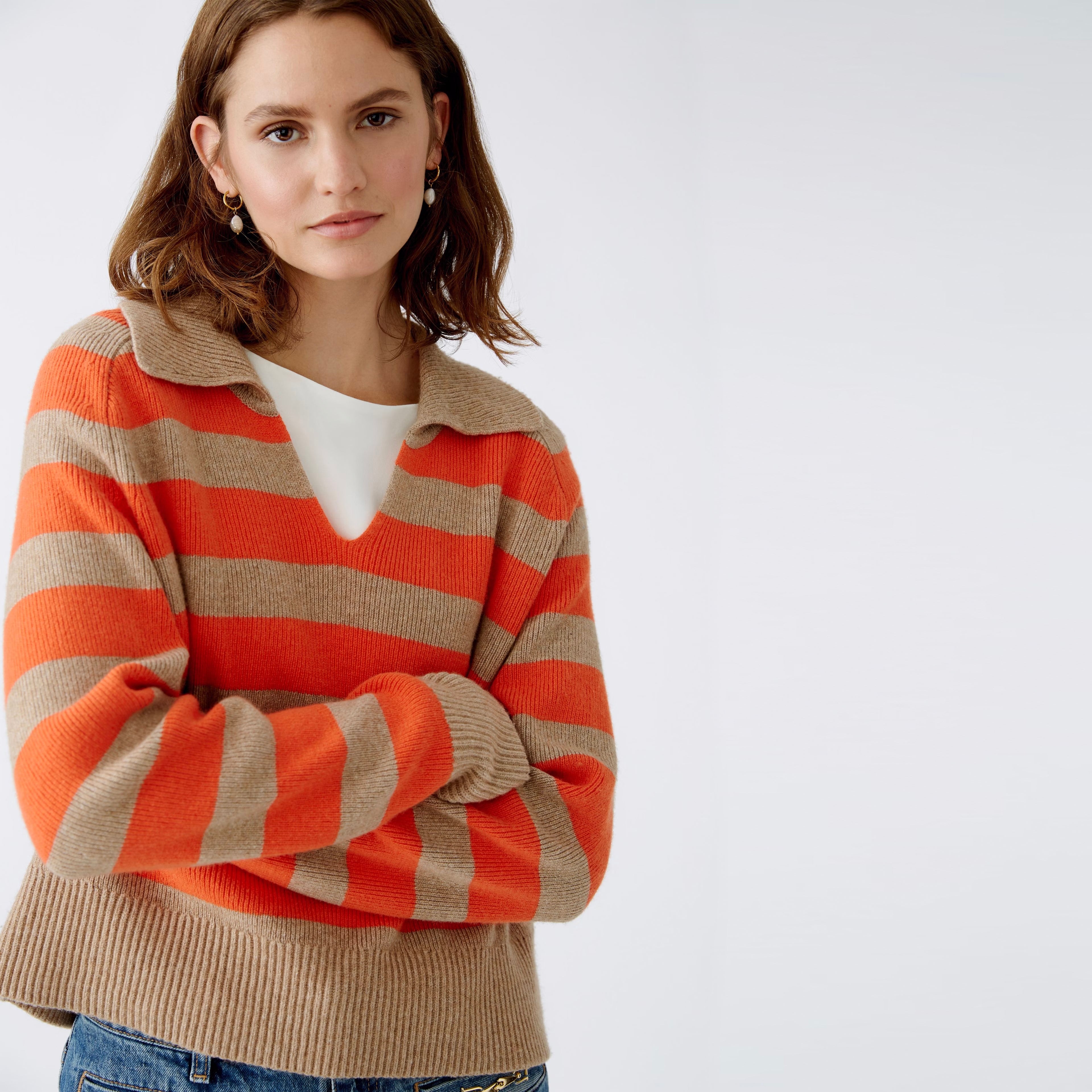 Collared Stripe Jumper - Light Stone Red