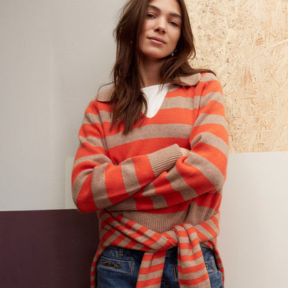 Collared Stripe Jumper - Light Stone Red