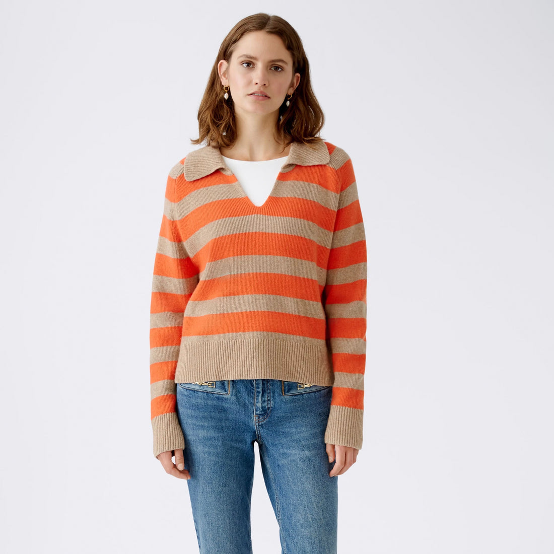 Collared Stripe Jumper - Light Stone Red