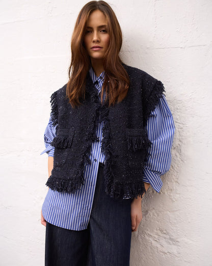 Fringed Tweed Waistcoat - Navy