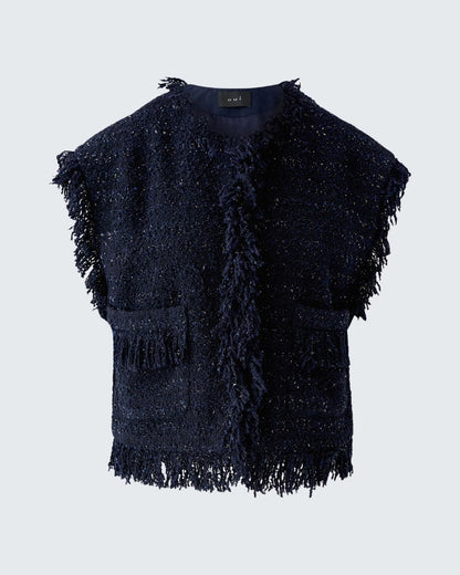 Fringed Tweed Waistcoat - Navy
