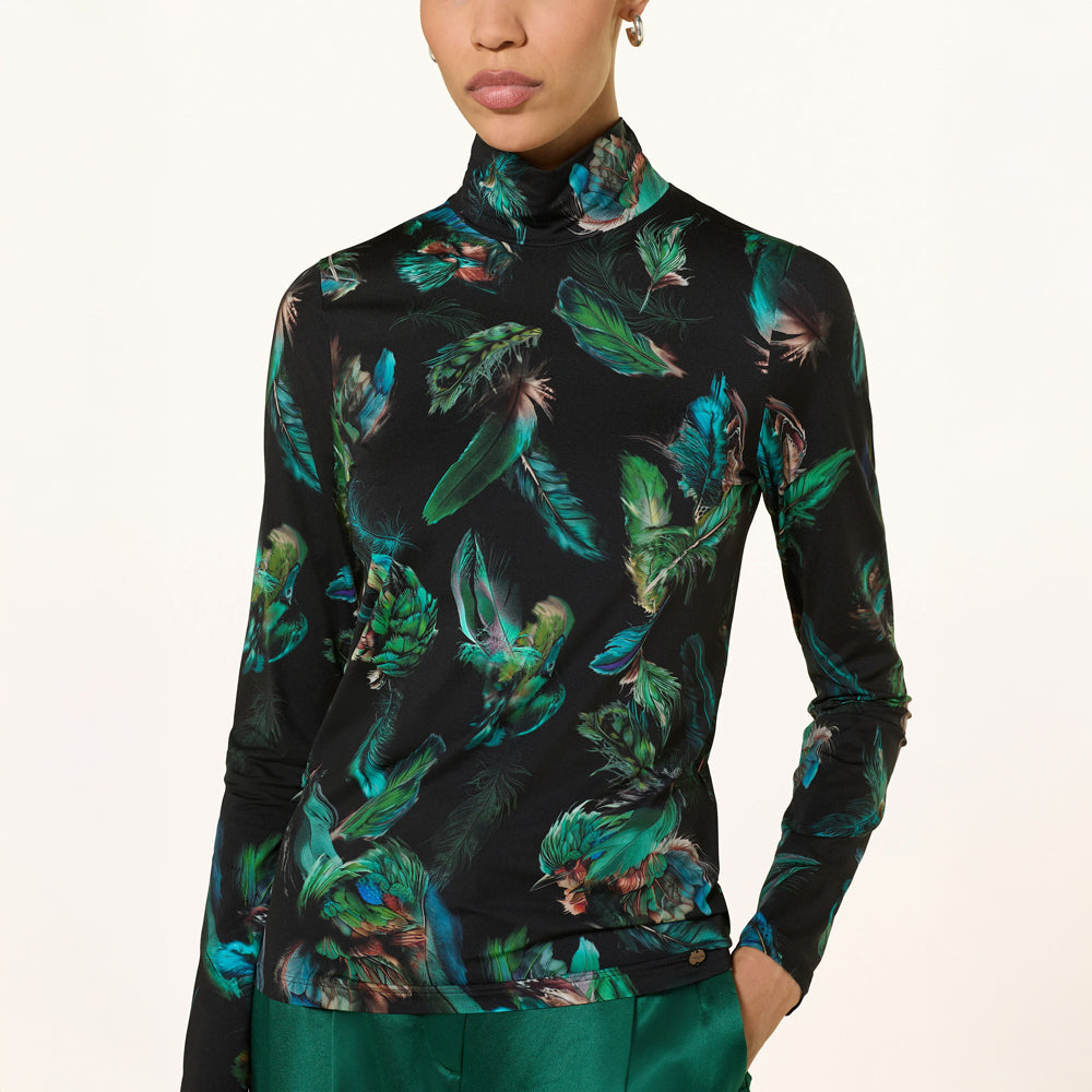 Fitted Feather Print Polo - Dark Jade Green