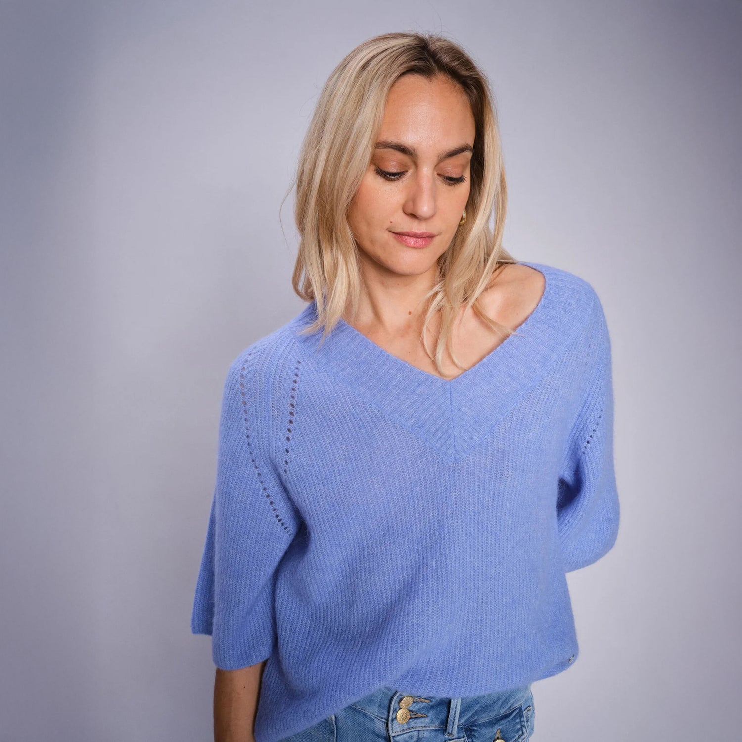 Taci 3/4 Sleeve V-Neck Knit - Hydrangea