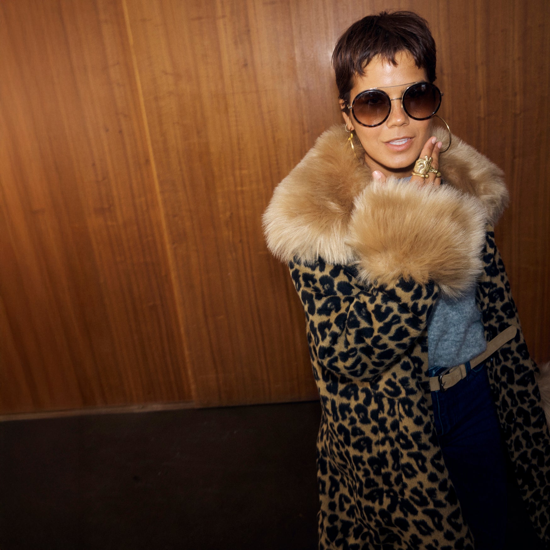 Leopard Coat With Fur Trims - Brown