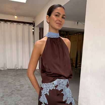 Chocolate Blue Lace Top - Chocolate