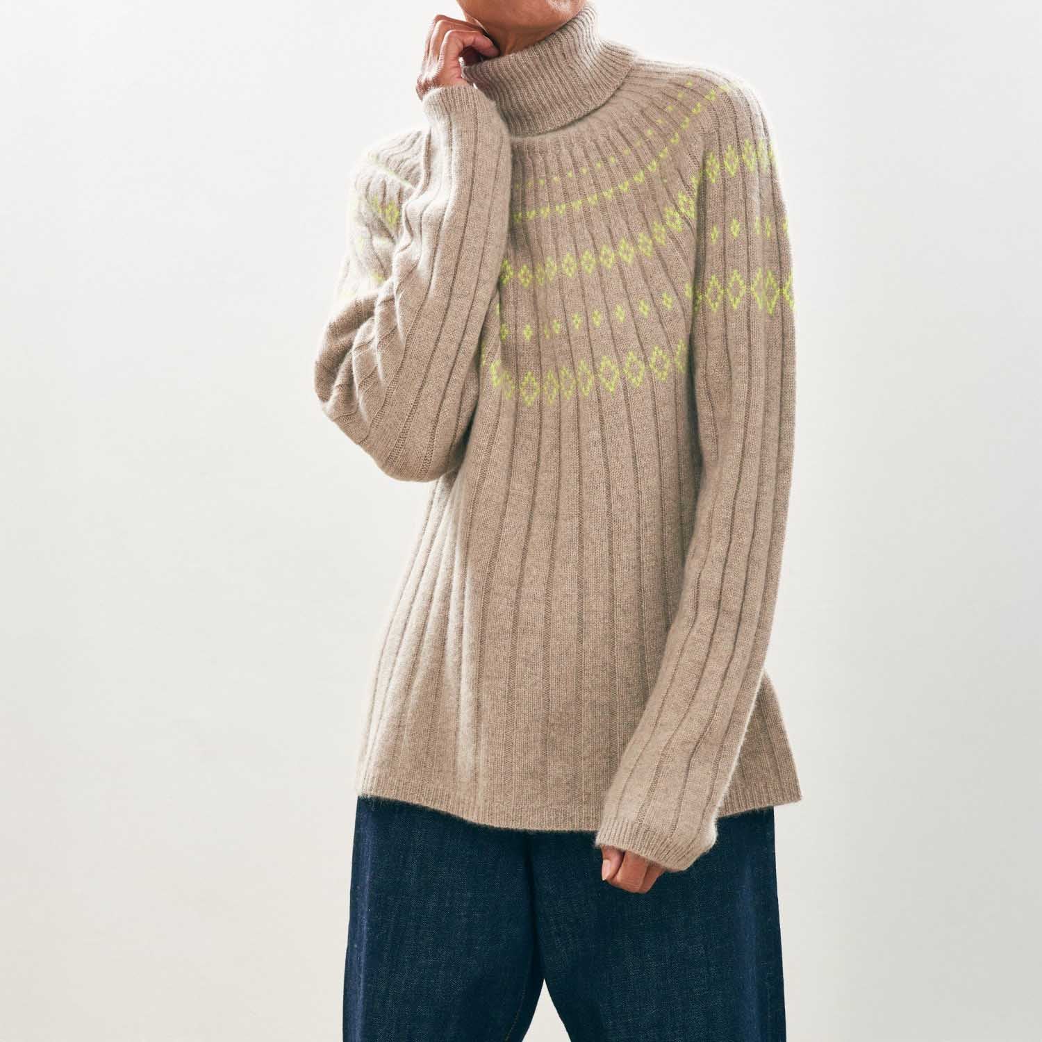 Rib Ski Roll Collar Jumper - Org Light Brown/Neon Yellow