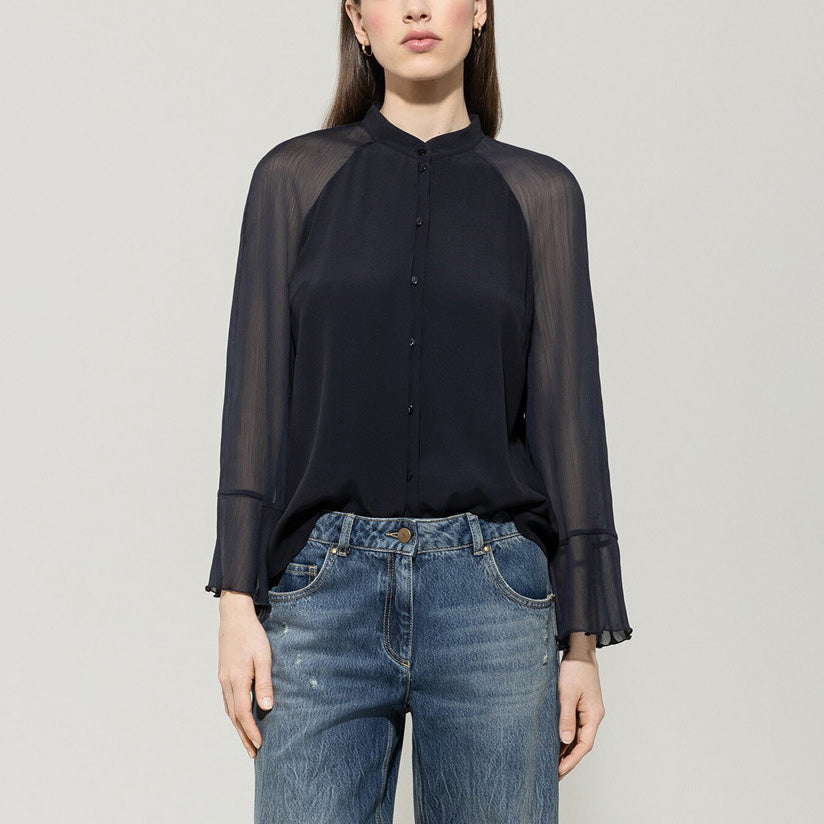 Silk Blend Blouse - Dark Blue
