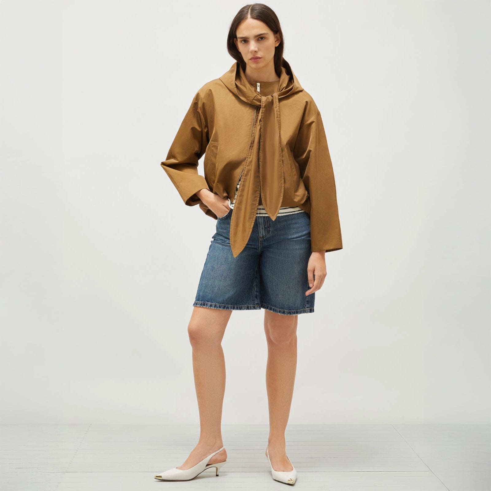 Rising Short Hooded Tie Jacket - Khaki