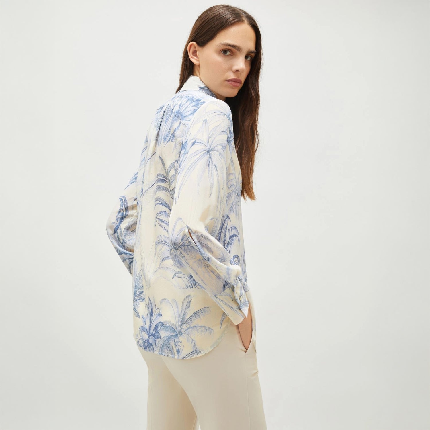 Conio Silk Palm Print Shirt - Dust Blue Palm