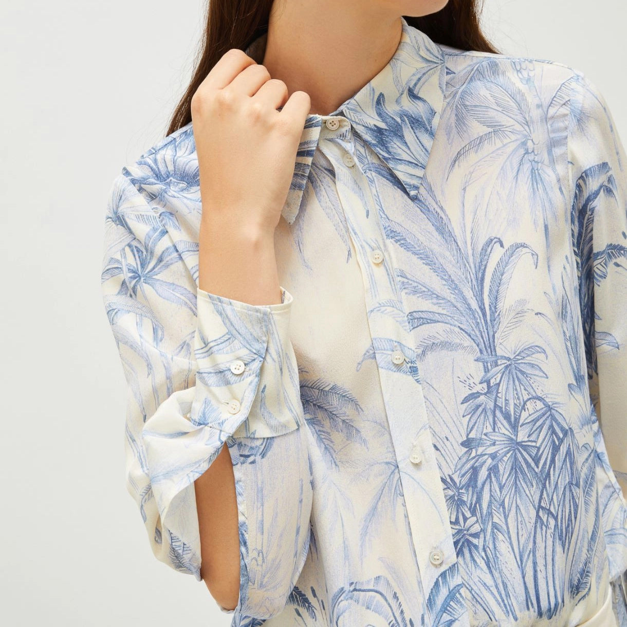 Conio Silk Palm Print Shirt - Dust Blue Palm