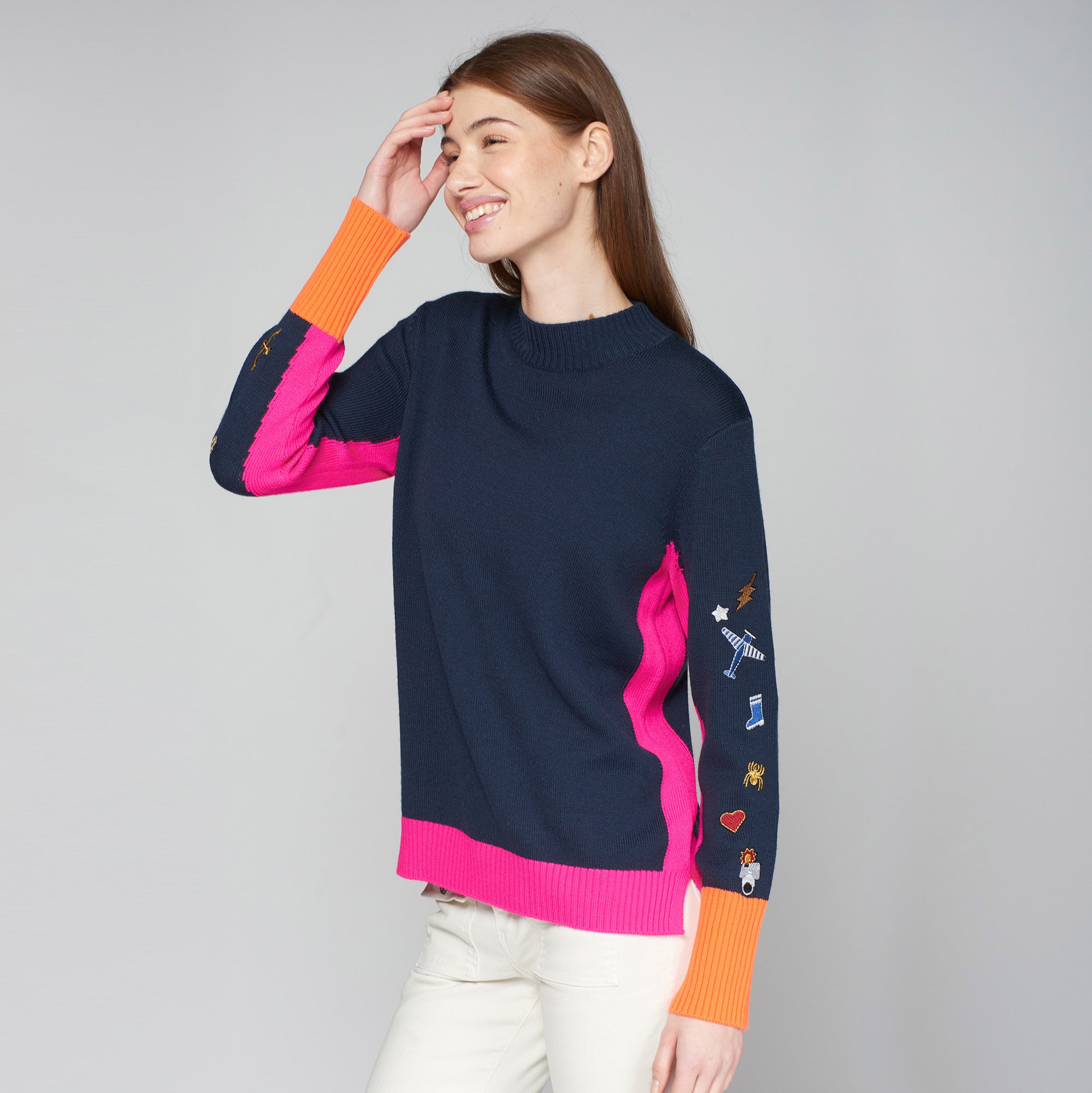 Embroidered Sleeve Jumper - Navy / Fuschia