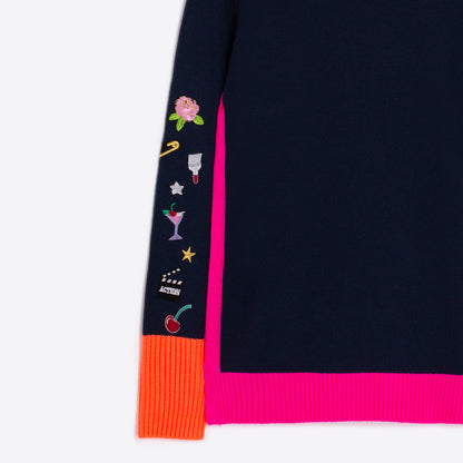 Embroidered Sleeve Jumper - Navy / Fuschia