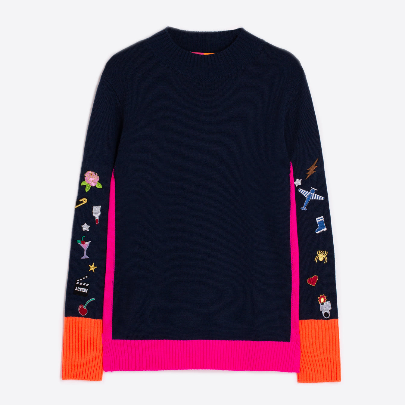 Embroidered Sleeve Jumper - Navy / Fuschia