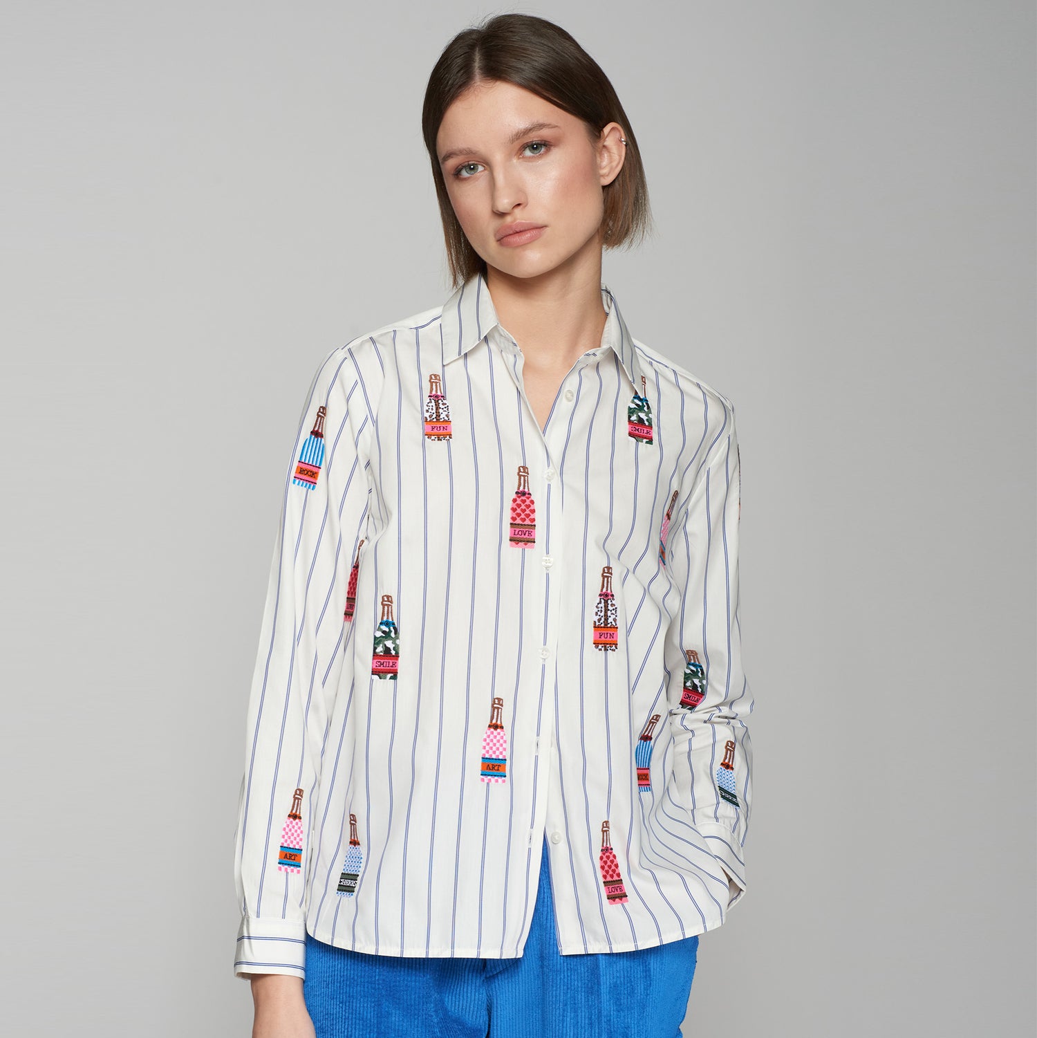 Isabella Stripe Embroidered Bottle Shirt - White Multi