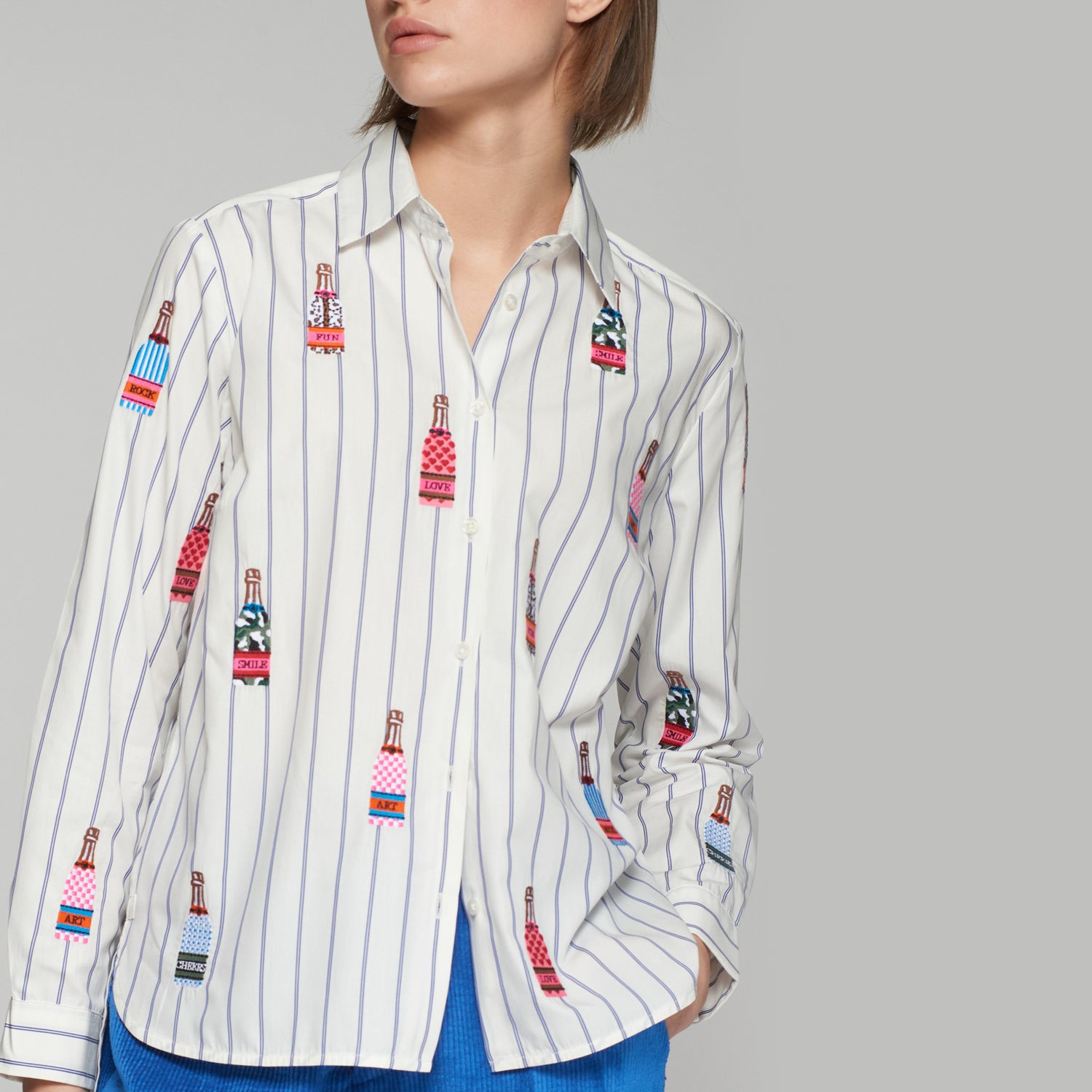 Isabella Stripe Embroidered Bottle Shirt - White Multi