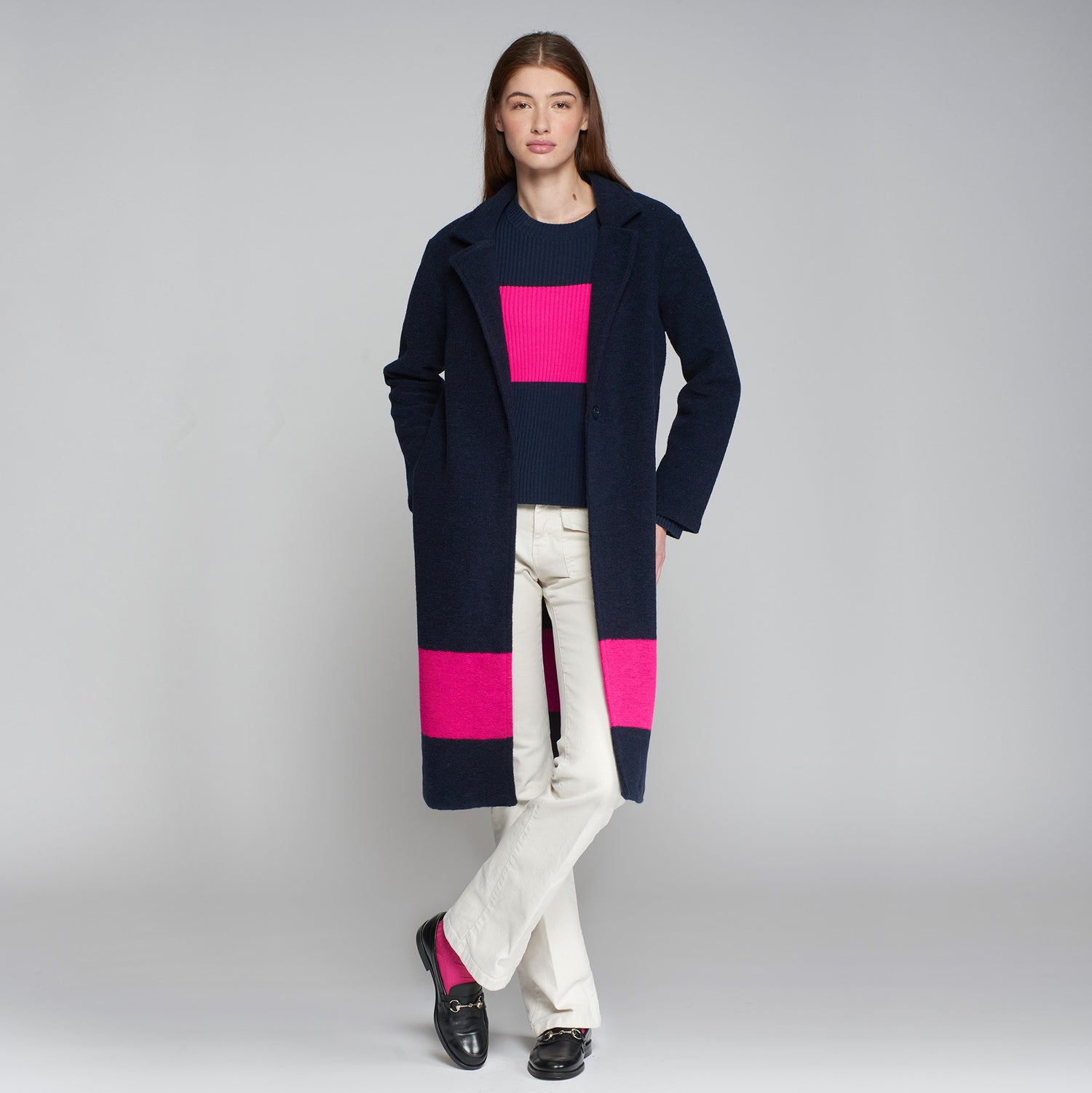 Pink Stripe Wool Coat - Navy/Fuschia