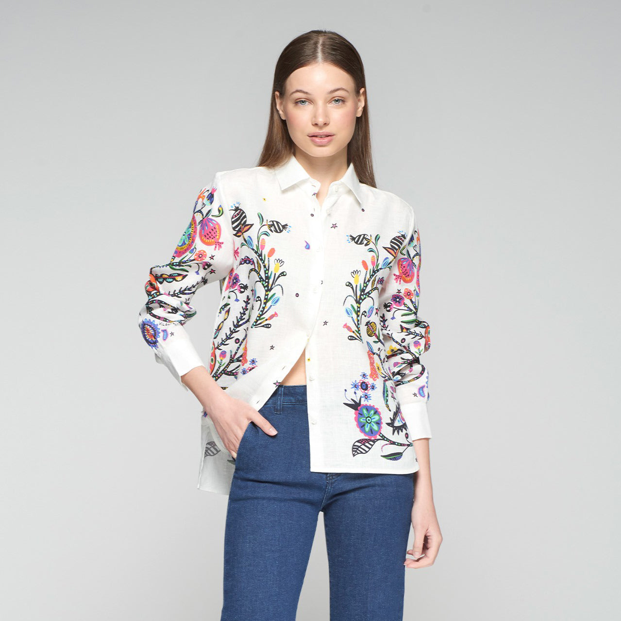 Issa Linen Multi Print Shirt - White Multi