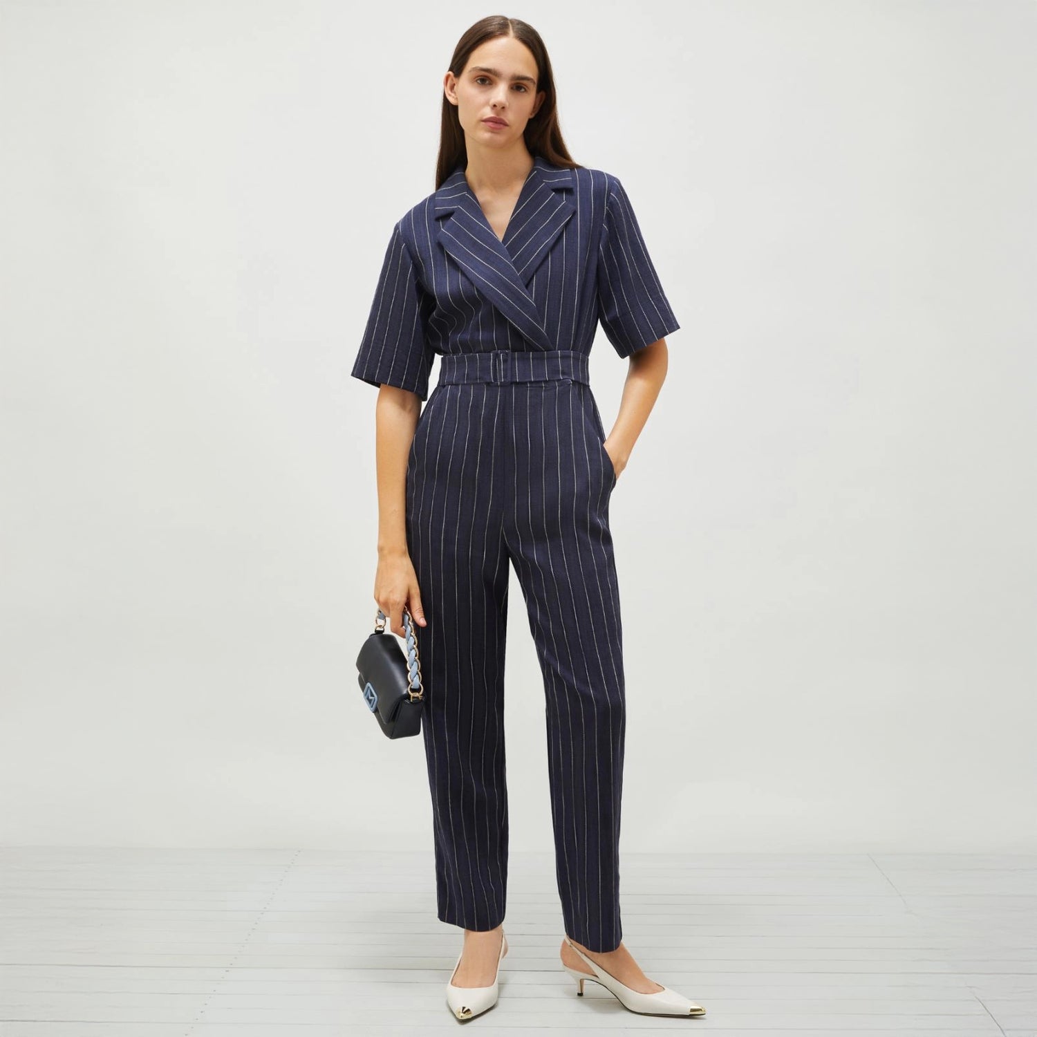 Banana Pinstripe Jumpsuit - Navy Pinstripes