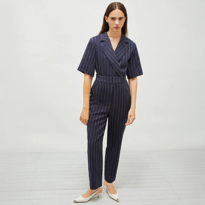 Banana Pinstripe Jumpsuit - Navy Pinstripes