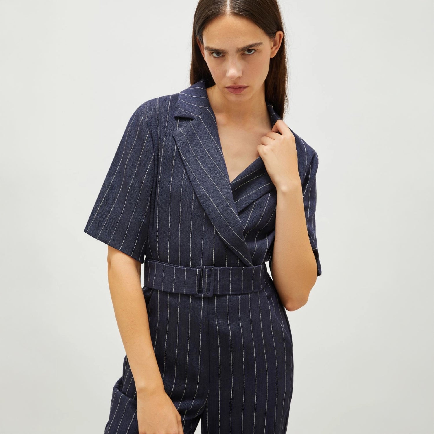 Banana Pinstripe Jumpsuit - Navy Pinstripes