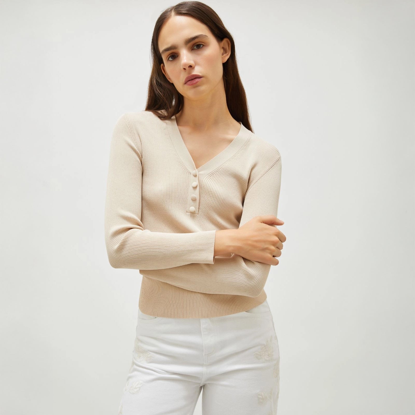 Imola Fine Rib V Neck Top - Sand