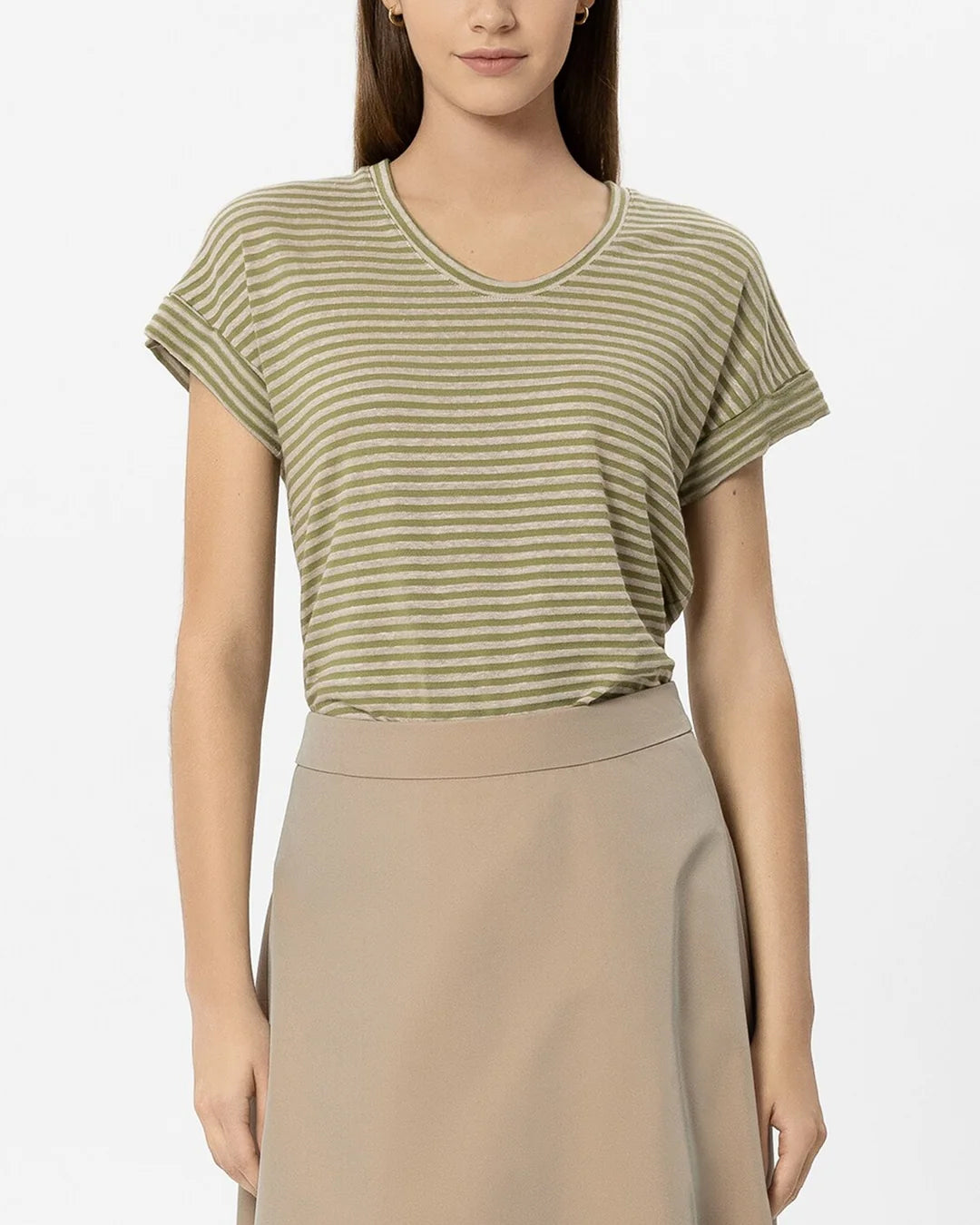 Striped Linen T Shirt - Moss Green