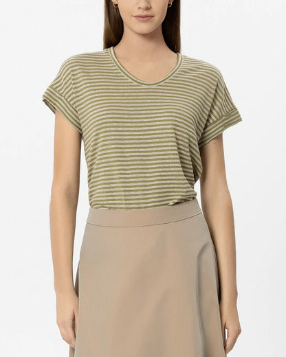 Striped Linen T Shirt - Moss Green
