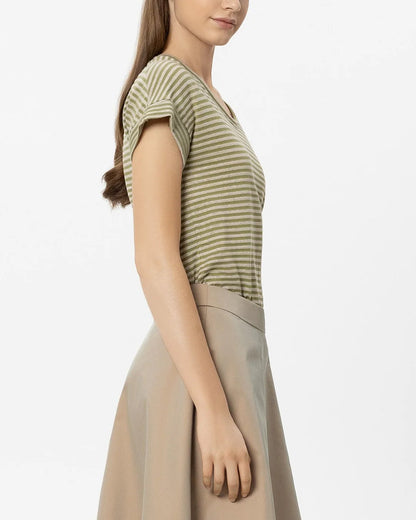 Striped Linen T Shirt - Moss Green